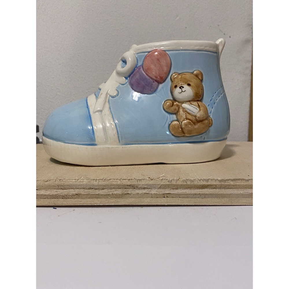 1997 Lefton Blue Shoe with Bear, Piggy Bank Kids Ceramic Hand Painted